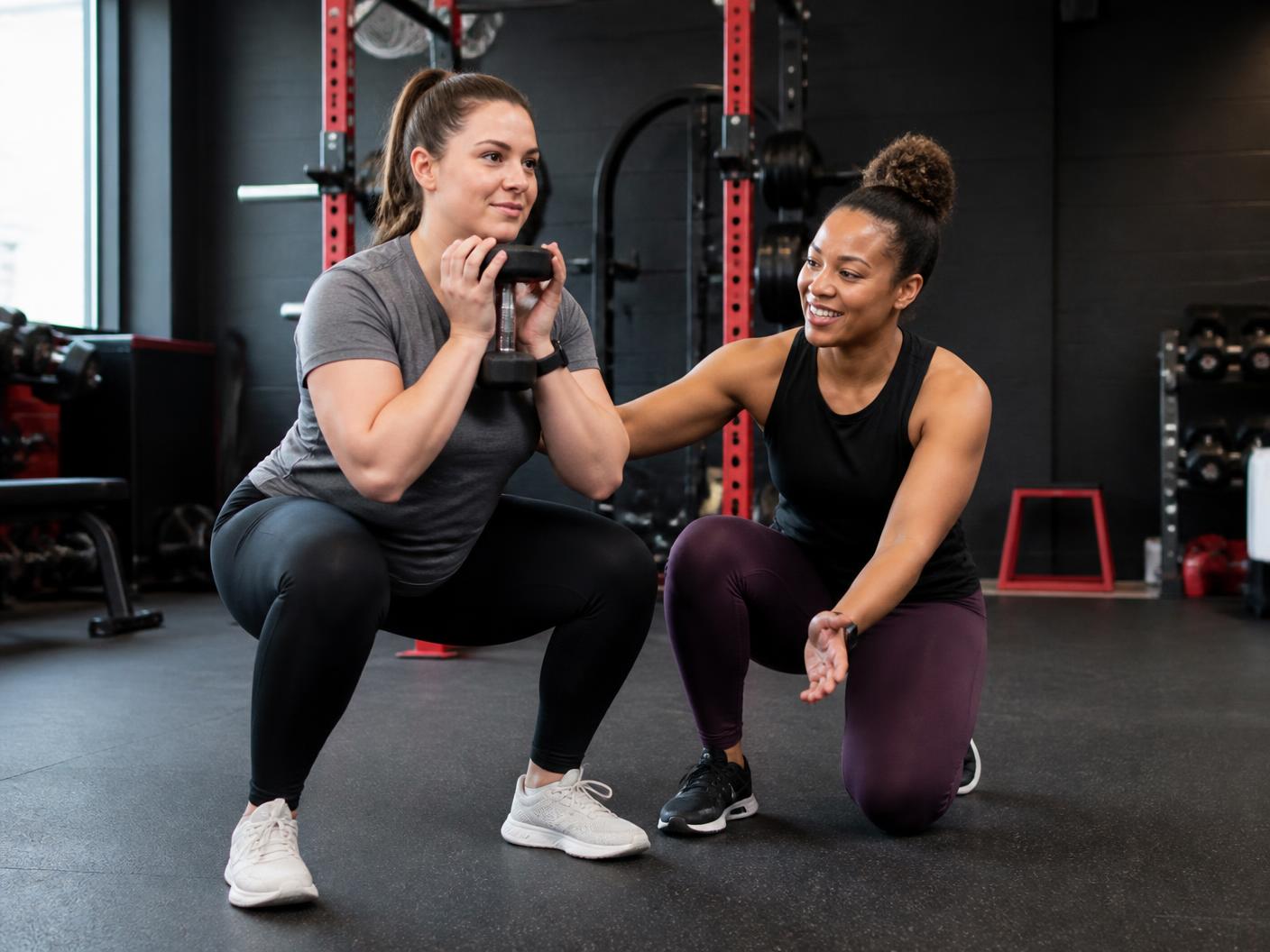 Personal trainer coaching a beginner through a goblet squat