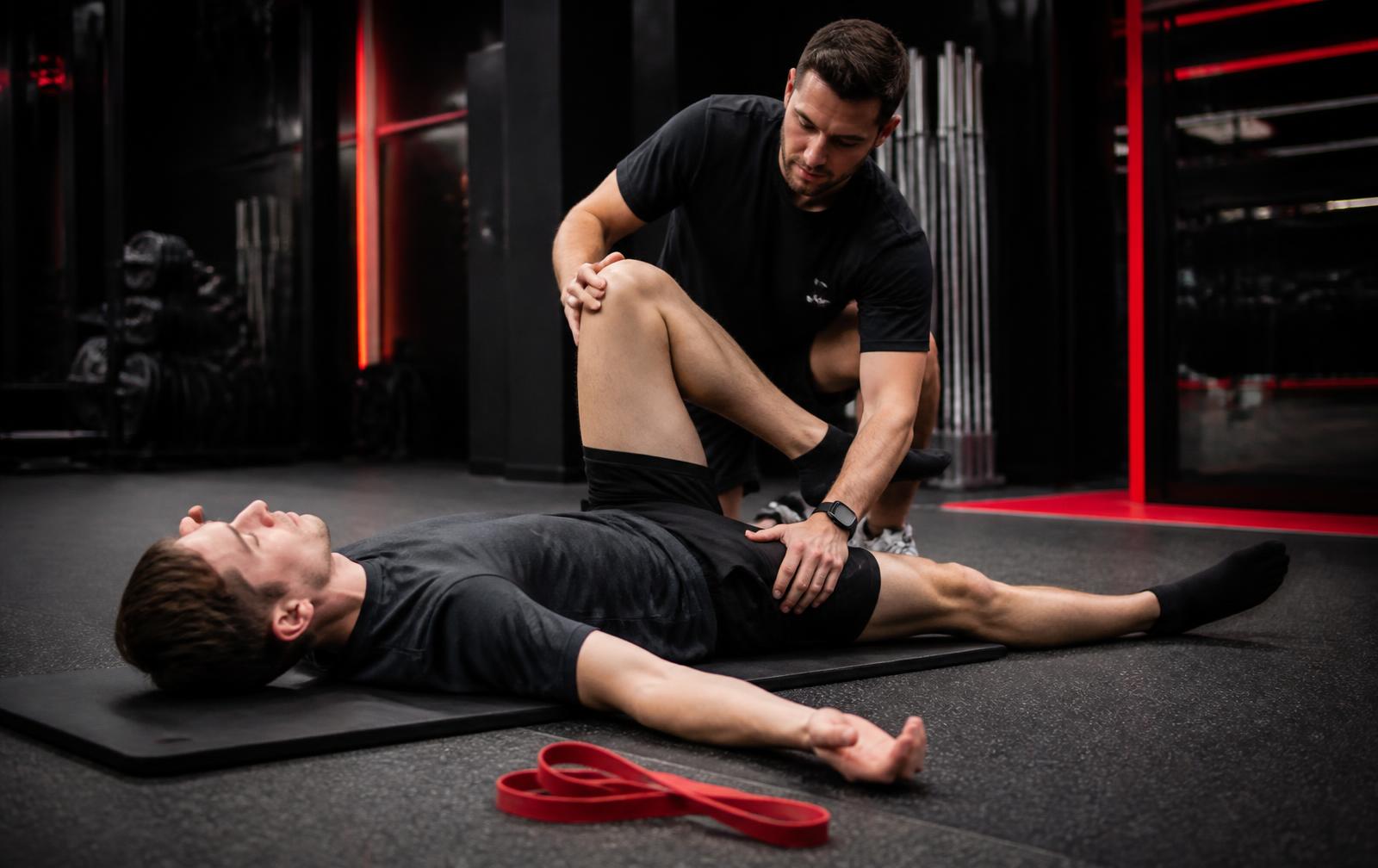 A Burn Fitness coach guiding a client through a hip mobility session
