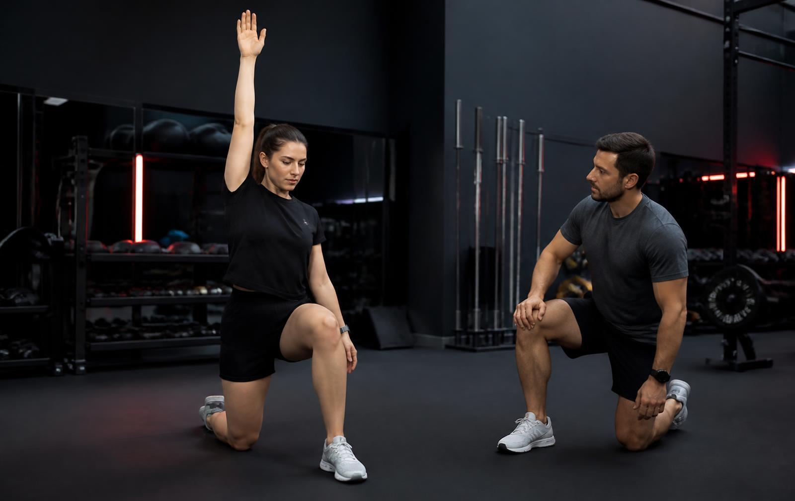 Personal trainer performing a movement screen with a client