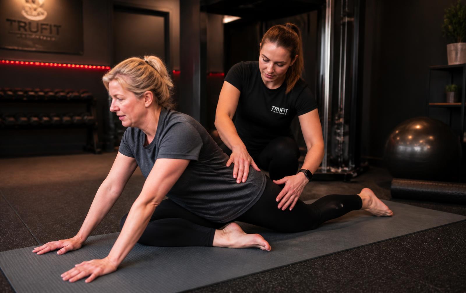 Personal trainer guiding a client through a hip mobility stretch