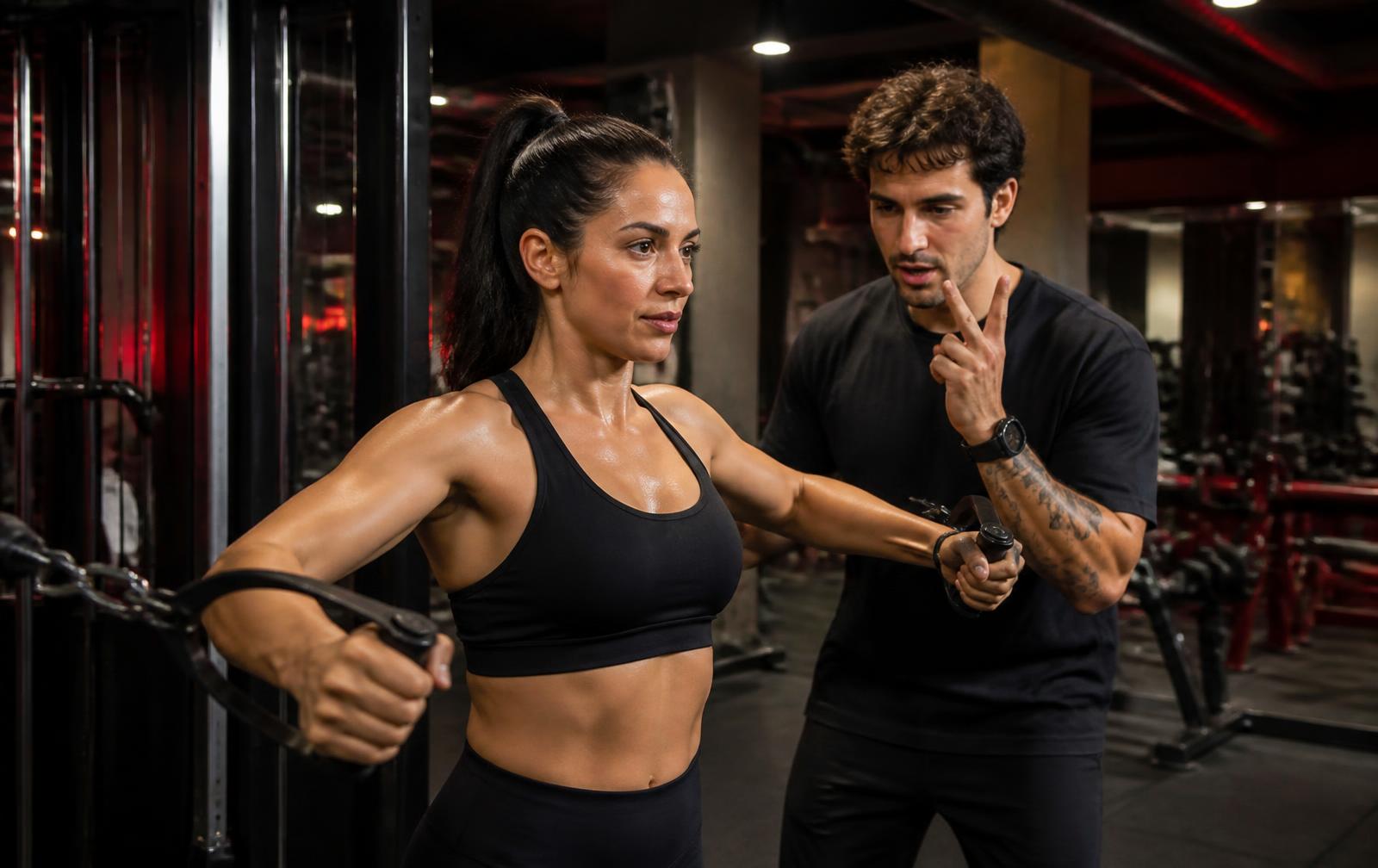 A Burn Fitness coach counting reps for a member on the cable machine