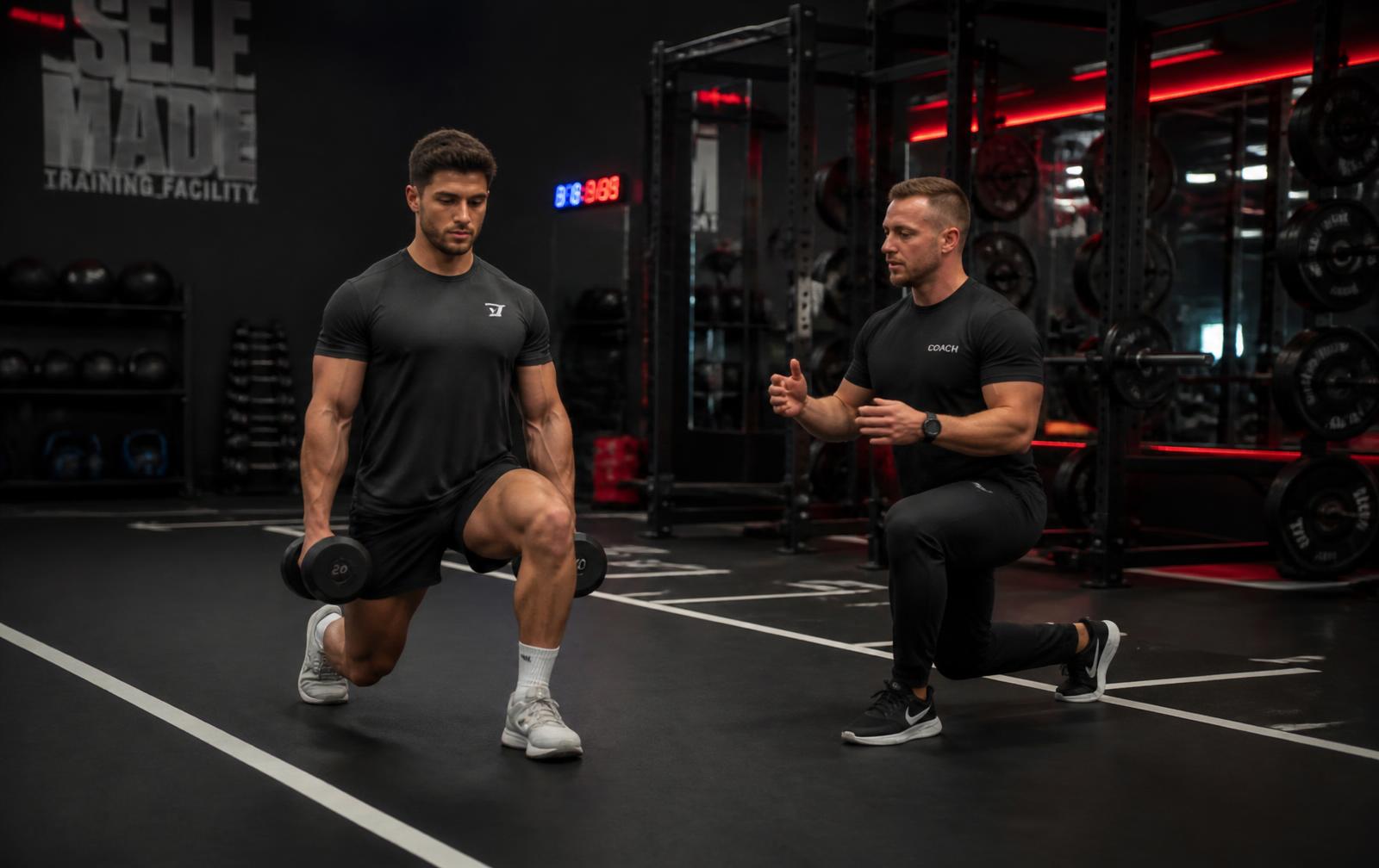 Personal trainer demonstrating dumbbell lunges with a client