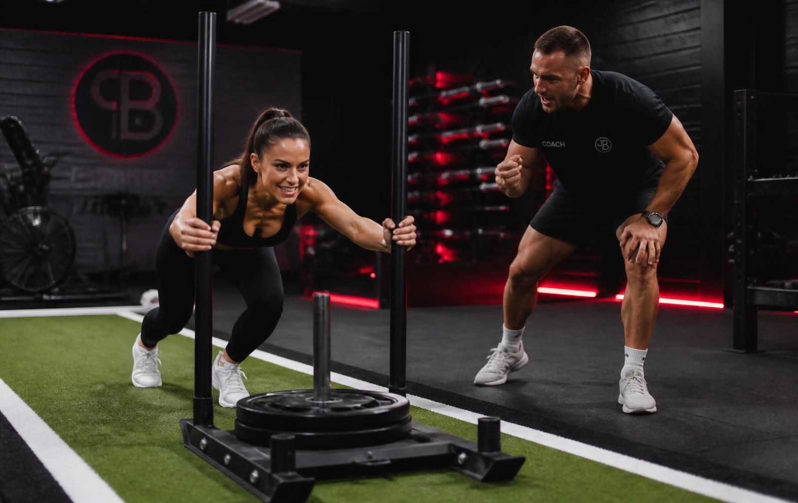 Personal trainer cheering a client through a sled push