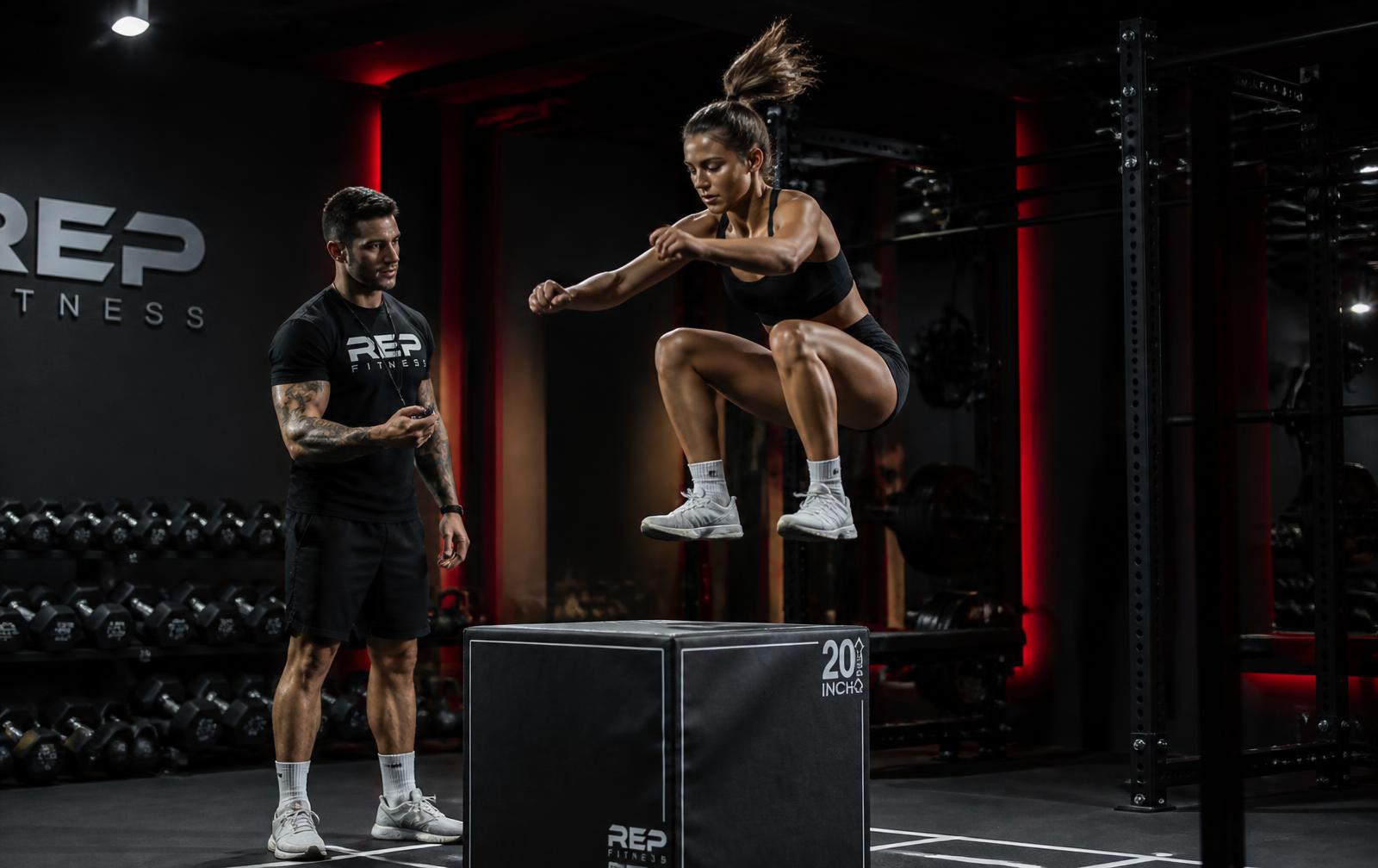 Athlete performing an explosive box jump with a coach timing